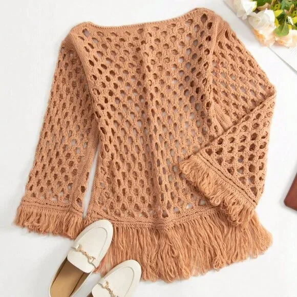 Coral Orange Women's Sexy & Elegant Beach Style Knitted Hollow Fringe Dress - Picture 3 of 5